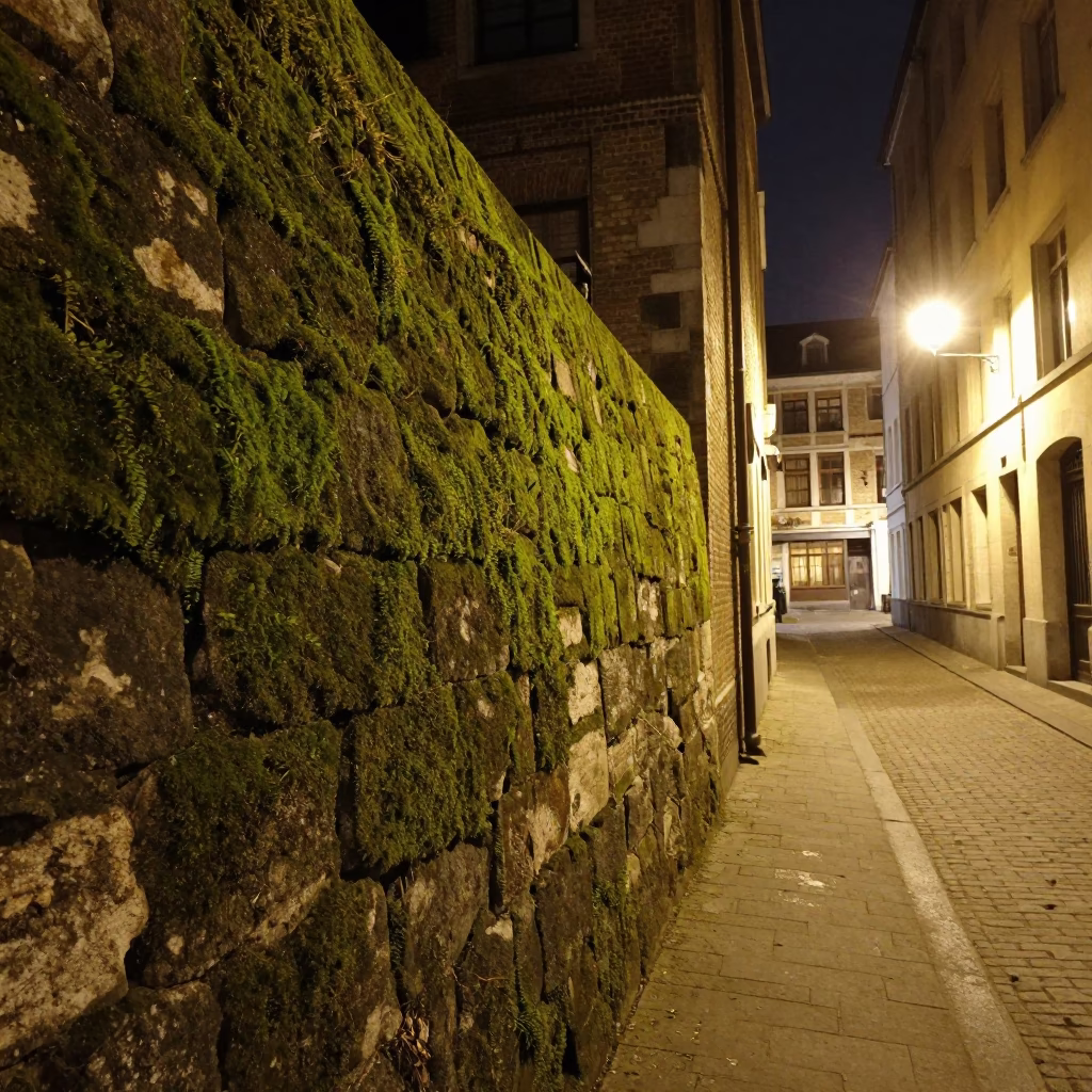 Brussels Night Street Scene with Mossy Stone Wall and Soap Residue Mirror Detail in in Brussels, Belgium