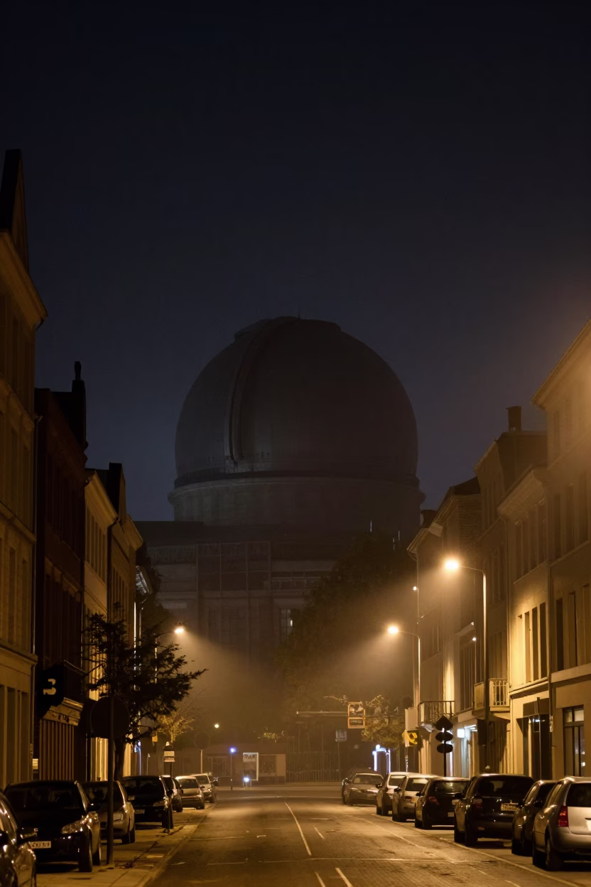 Brussels Night Street Scene with Observatory Dome Silhouette and Ground Fog in in Brussels, Belgium