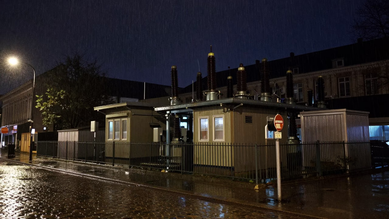Brussels Night Street Scene with Rain-Slicked Cobblestones and Substation Insulators in in Brussels, Belgium
