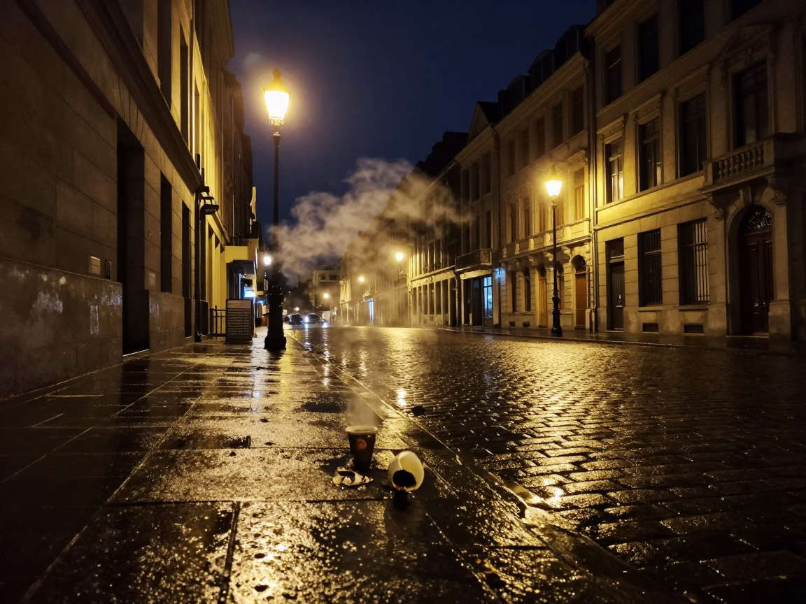 Brussels Night Street Scene with Steam and Urban Details in in Brussels, Belgium