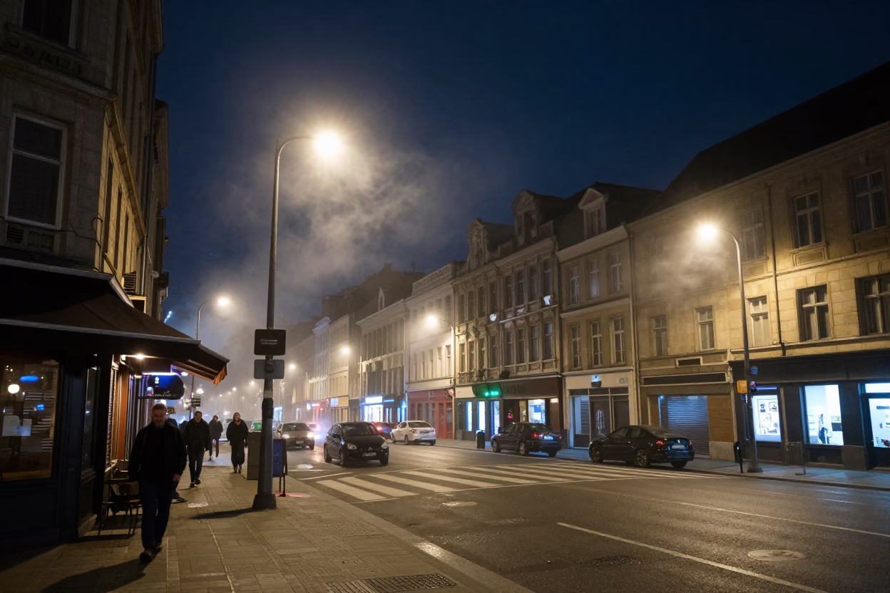 Brussels Night Street Scene with Steam Haze and Urban Architecture in in Brussels, Belgium