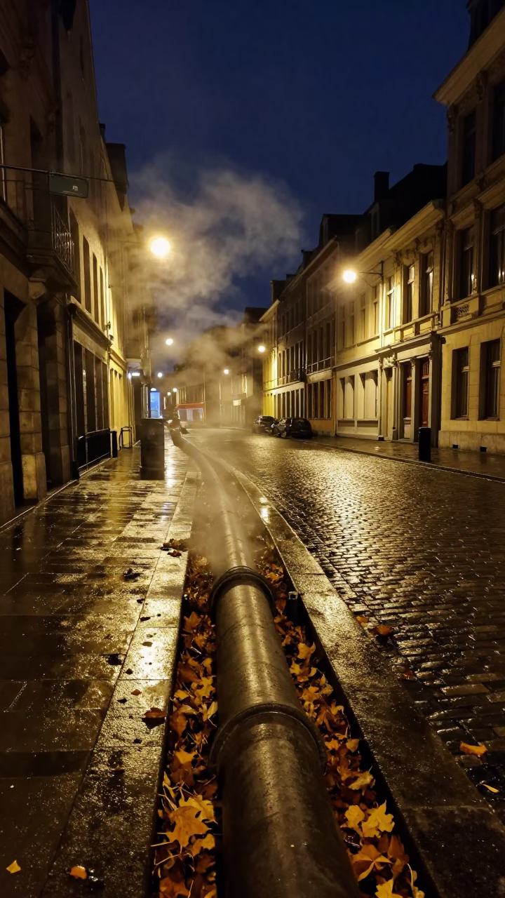 Brussels Night Street Scene with Steaming District Heating Pipe Trench and Autumn Leaves in in Brussels, Belgium