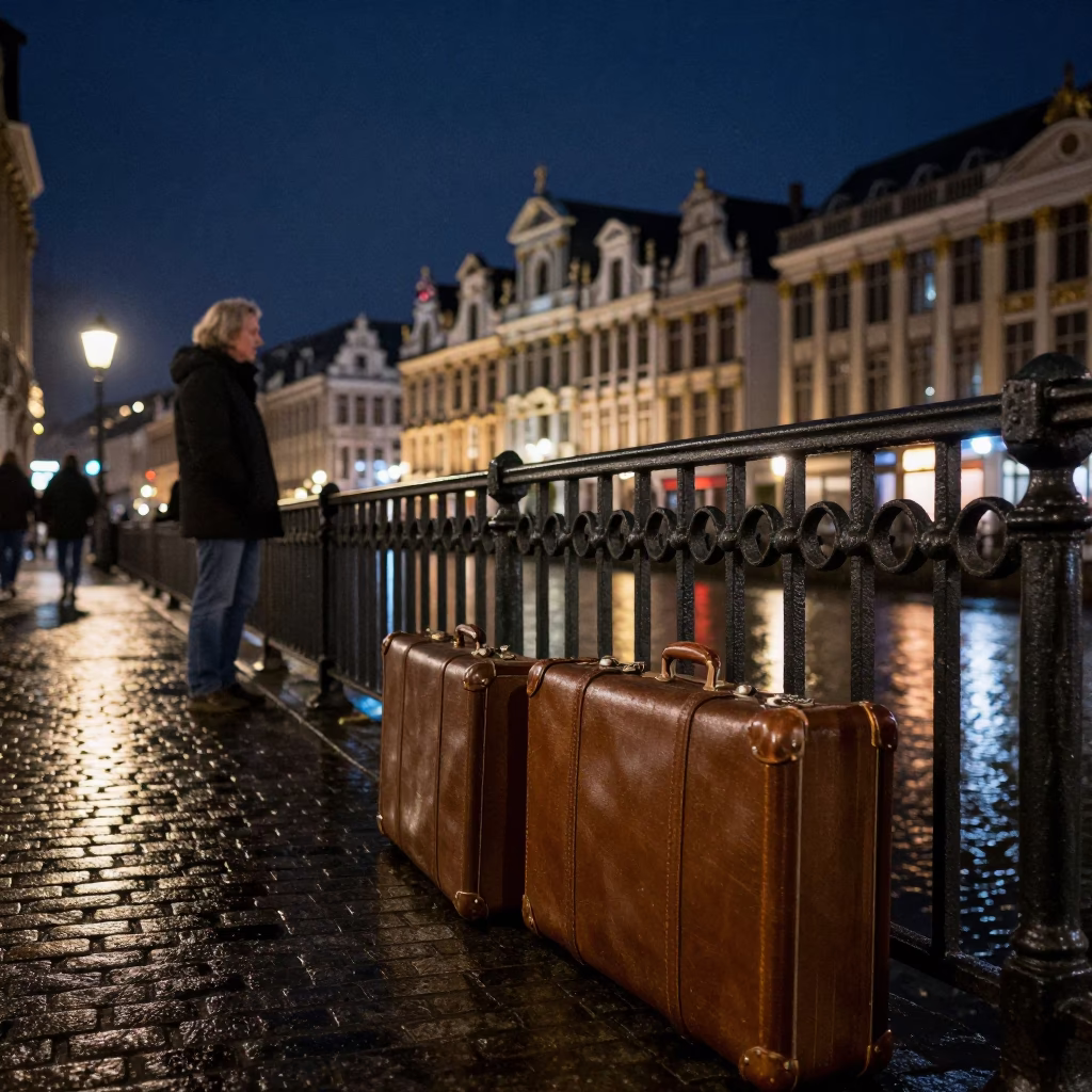 Brussels Night Street Scene with Vintage Suitcases and City Lights in in Brussels, Belgium