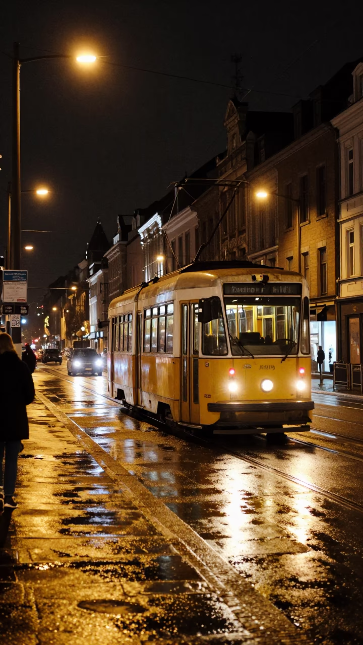Brussels Night Street Scene with Vintage Tram and Wet Cobblestones in in Brussels, Belgium