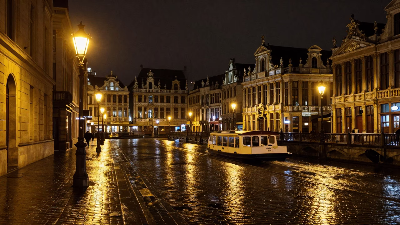 Brussels Night Street Scene with Water Taxi and Canal Houseboats in in Brussels, Belgium