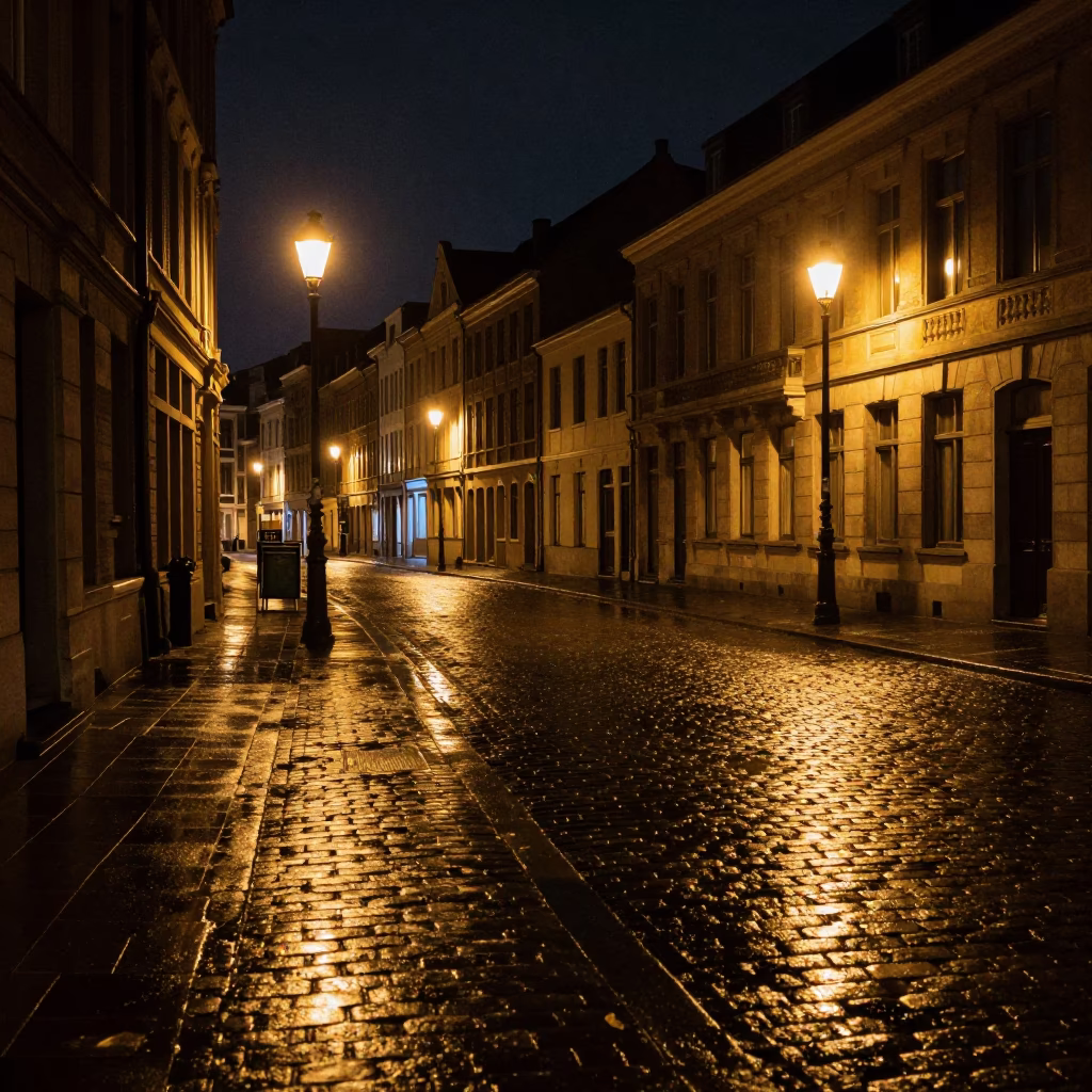 Brussels Night Street Scene with Wet Cobblestones and Urban Architecture in in Brussels, Belgium