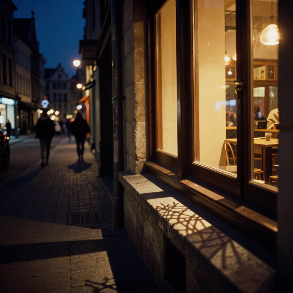 Brussels Night Street Scene with Wicker Shadow and Urban Life in in Brussels, Belgium