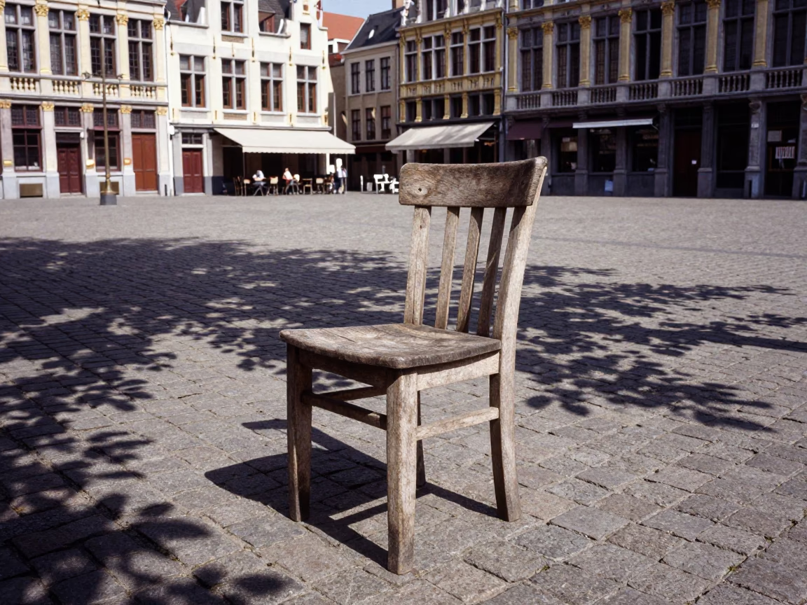 Brussels Noon Light and Leaf Shadows on a Traditional Wooden Chair in in Brussels, Belgium