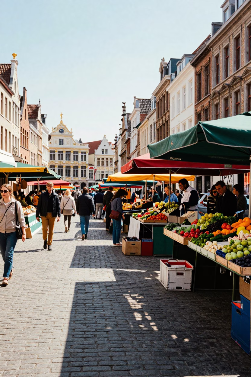Brussels noon street scene with colorful market stalls and pedestrians in in Brussels, Belgium