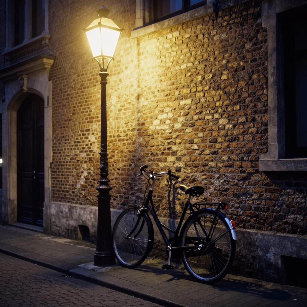 Brussels Parked Bicycle at Midnight Light in in Brussels, Belgium