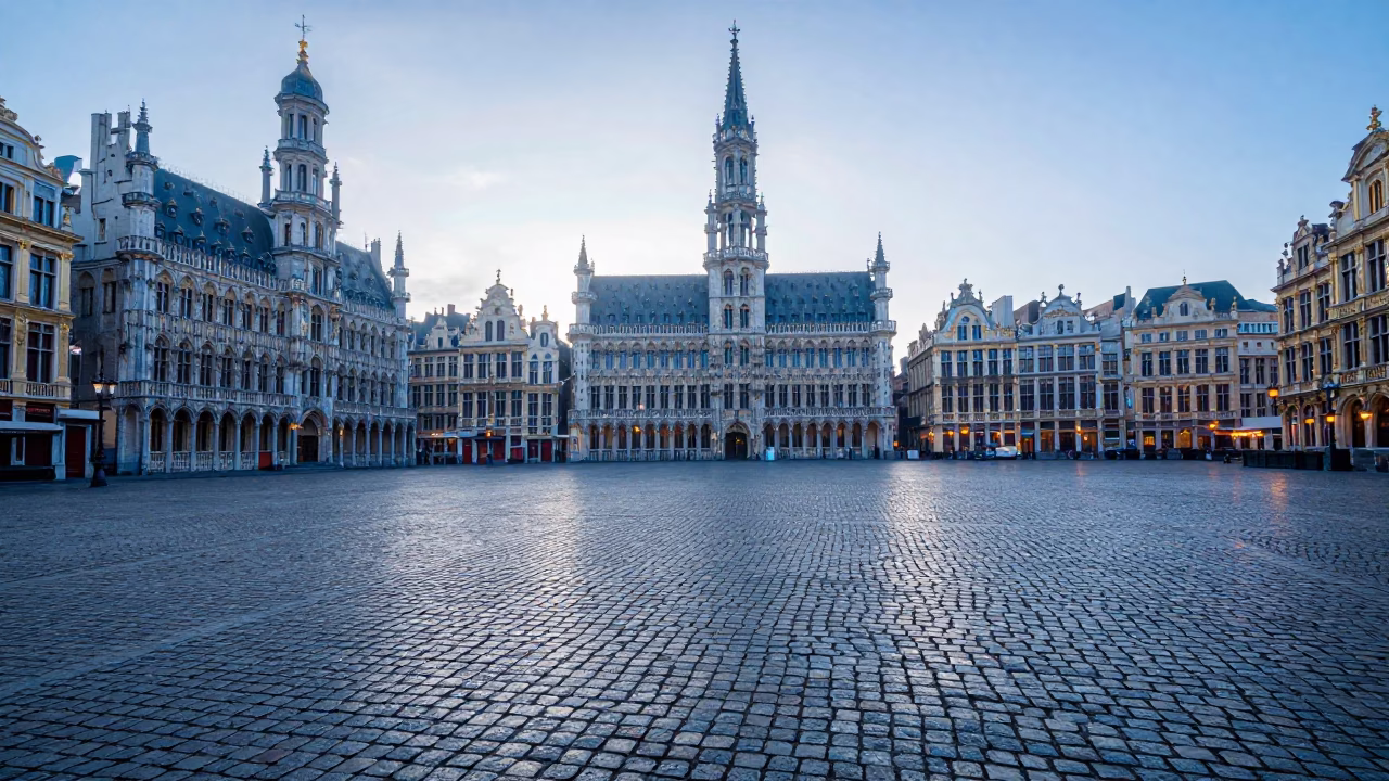 Brussels Place Cobblestones at Sunrise Light in in Brussels, Belgium