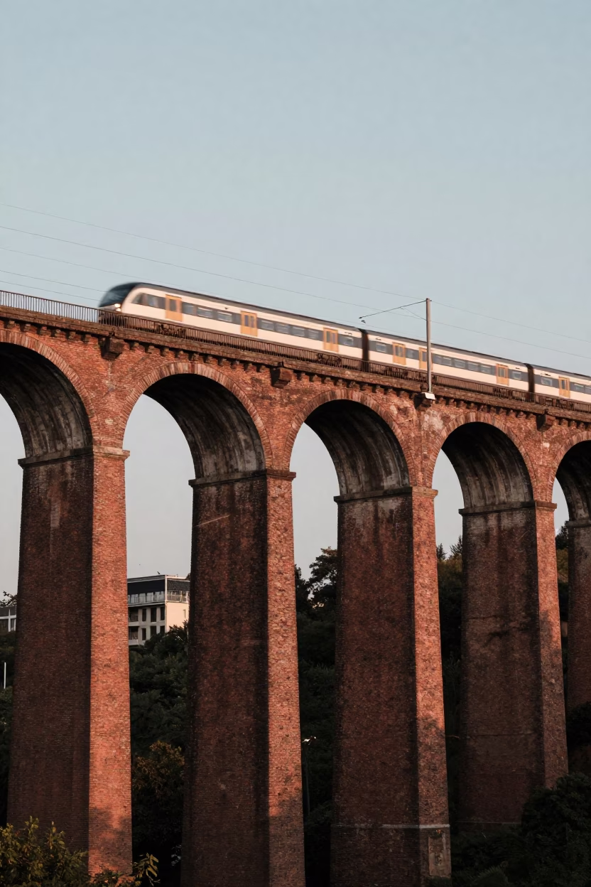 Brussels Railway Viaduct Arches with Passing Train in Copper Dusk Light in in Brussels, Belgium