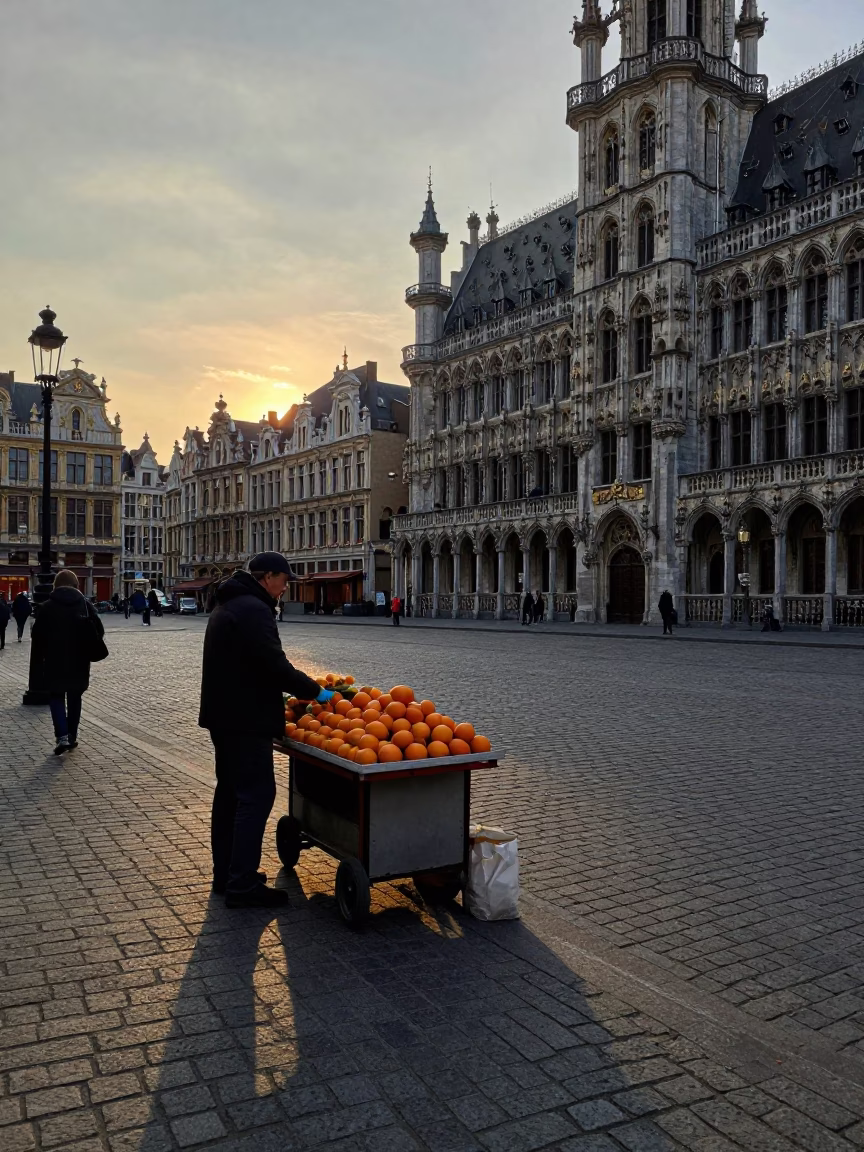 Brussels street corner at dusk with oranges and kacamak corn porridge near historic architecture in in Brussels, Belgium
