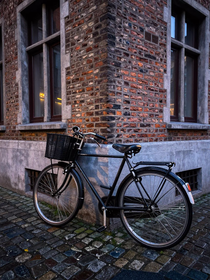 Brussels street corner at dusk with vintage bicycle and rain-slicked cobblestones in in Brussels, Belgium