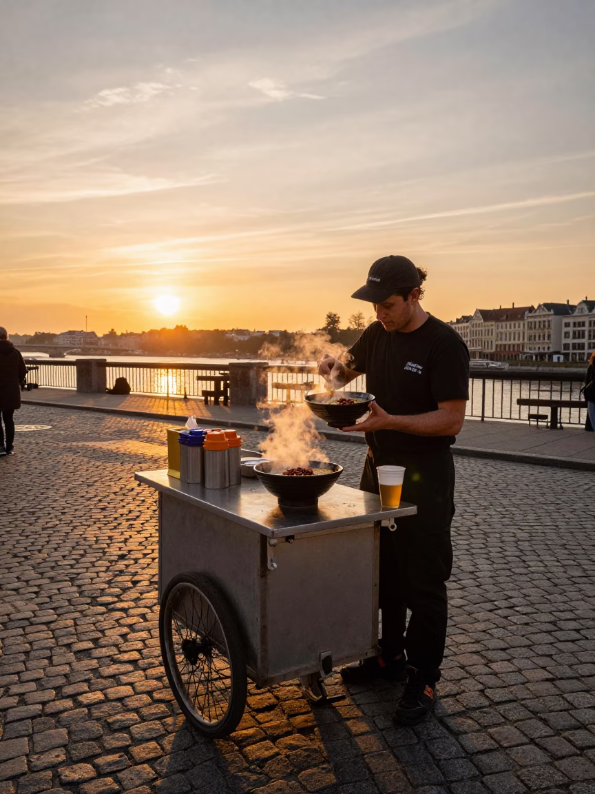 Brussels Street Food Vendor Serving Tantanmen Ramen at Sunset in in Brussels, Belgium
