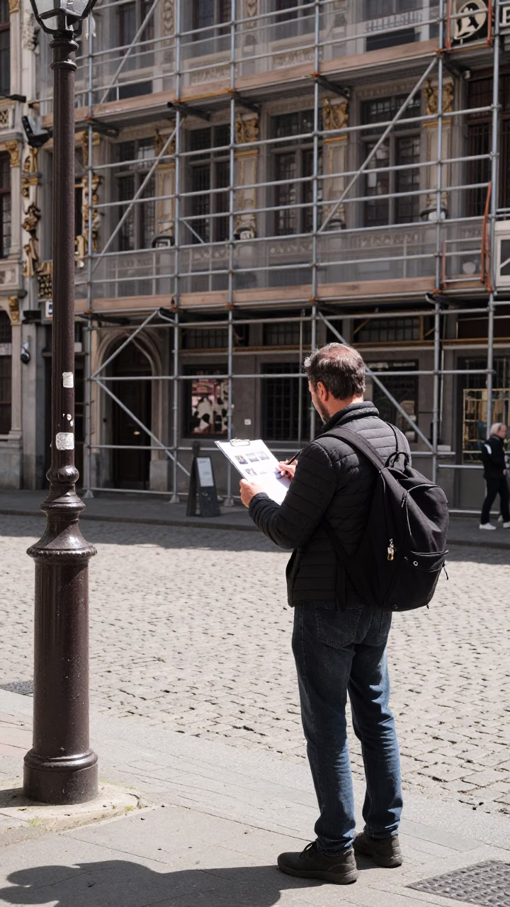 Brussels Street Photographer with Clipboard Capturing Candid Urban Moment in Bright Midmorning Light in in Brussels, Belgium