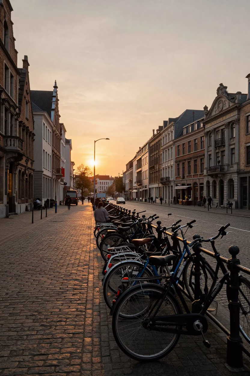 Brussels Street Scene at As The Sun Drops Toward The Horizon in in Brussels, Belgium