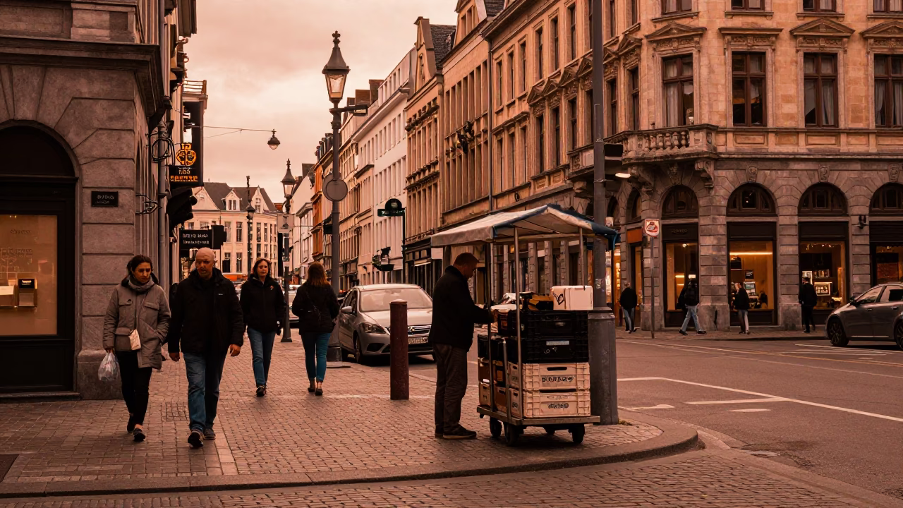 Brussels Street Scene at Copper-toned Light Before Dusk in in Brussels, Belgium