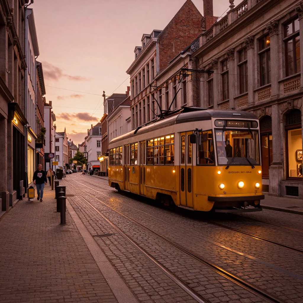 Brussels Street Scene at Copper-toned Light Before Dusk in in Brussels, Belgium