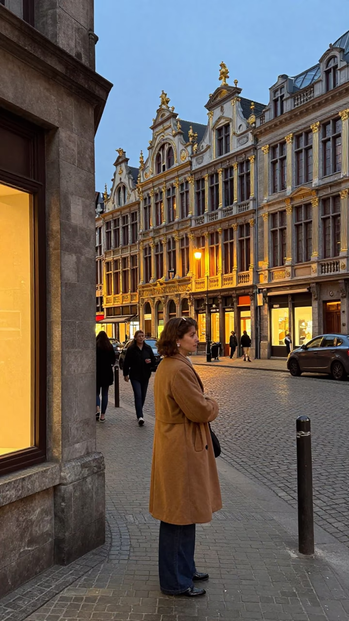 Brussels street scene at dusk with diamond stud earring catching city lights in in Brussels, Belgium