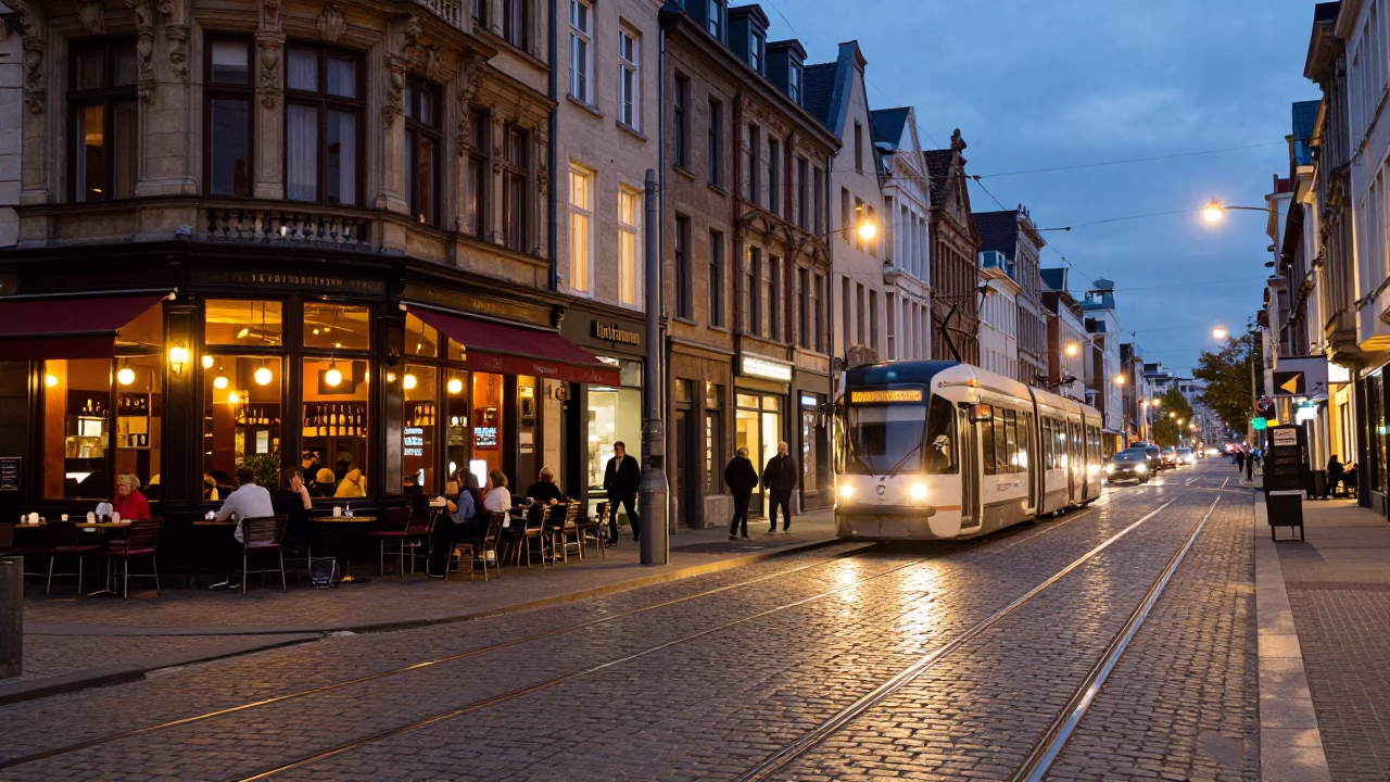 Brussels street scene at dusk with tram tracks and glowing shop windows in in Brussels, Belgium