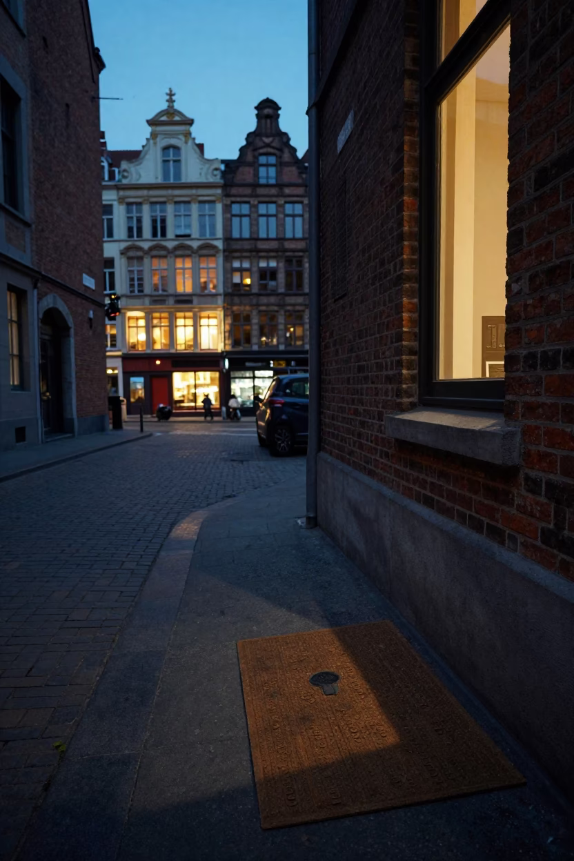 Brussels Street Scene at Dusk with Window Light and Doormat Detail in in Brussels, Belgium