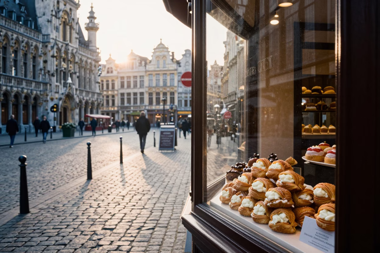 Brussels Street Scene at Sunrise with Belgian Sweets and Daily Commute in in Brussels, Belgium