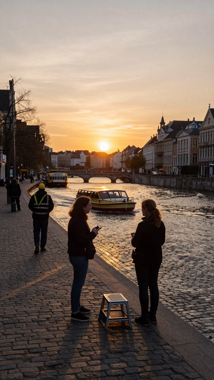 Brussels Street Scene at Sunset with Water Taxi and Local Interaction in in Brussels, Belgium