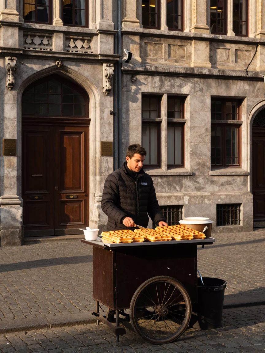 Brussels Street Scene Early Afternoon with Belgian Waffle Vendor and Vintage Car in in Brussels, Belgium