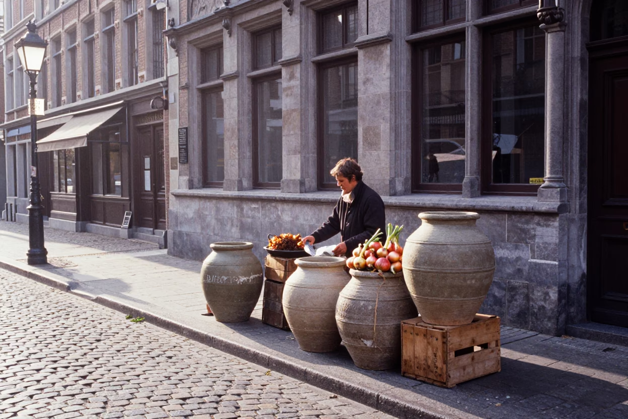 Brussels Street Scene Just After Sunrise with Stoneware Crocks and Onions in in Brussels, Belgium