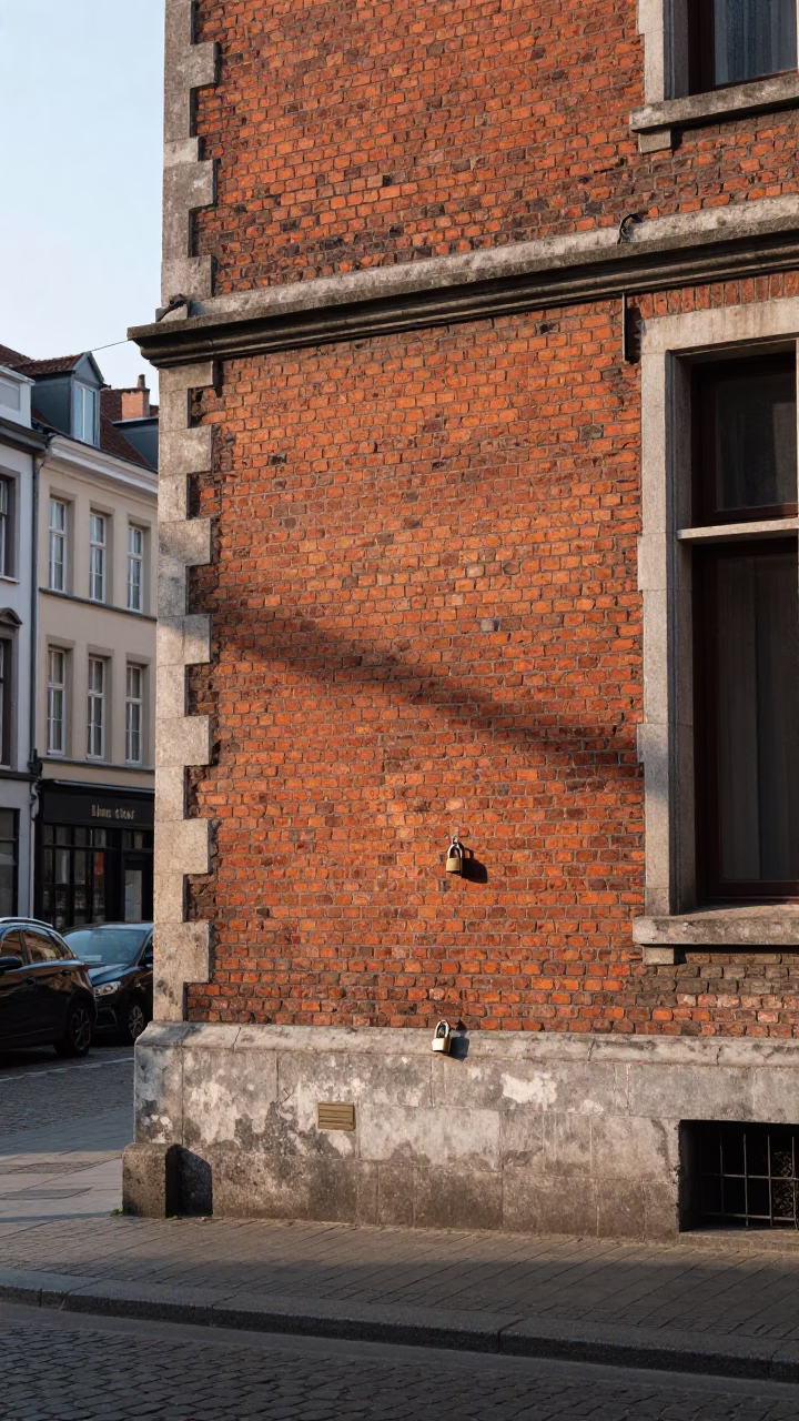 Brussels Street Scene Late Morning with Padlock on Historic Building Facade in in Brussels, Belgium