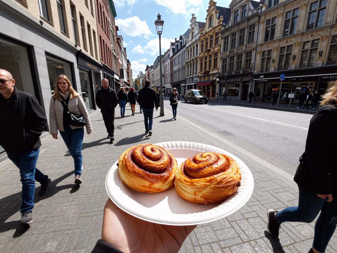 Brussels Street Scene Noon Light with Cinnamon Rolls and Urban Details in in Brussels, Belgium
