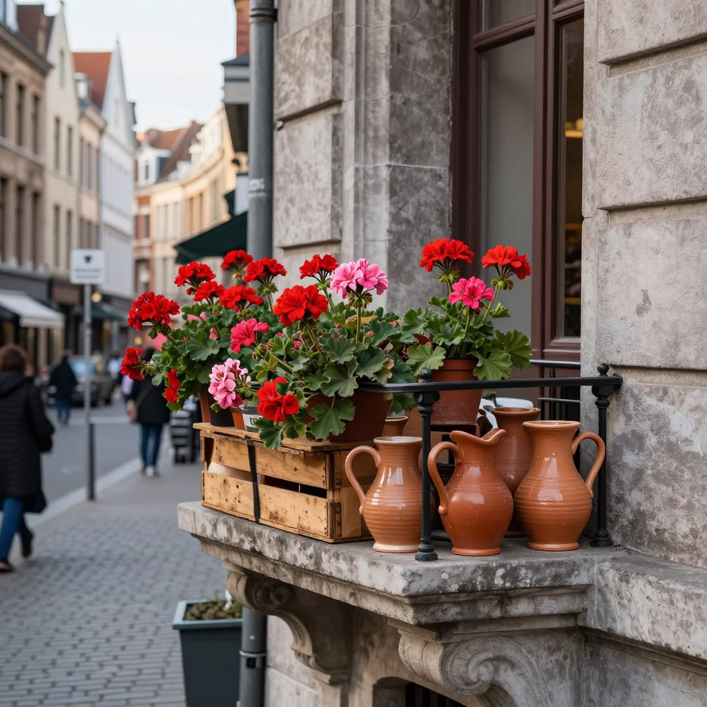 Brussels Street Scene with Geraniums and Ceramic Pitcher in Late Afternoon Light in in Brussels, Belgium