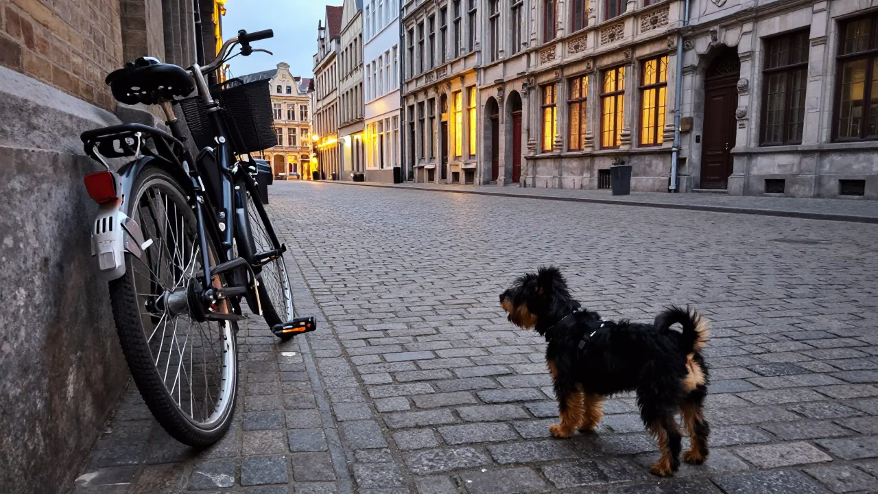 Brussels street scene with Schipperke dog and bicycle near bakery at twilight in in Brussels, Belgium