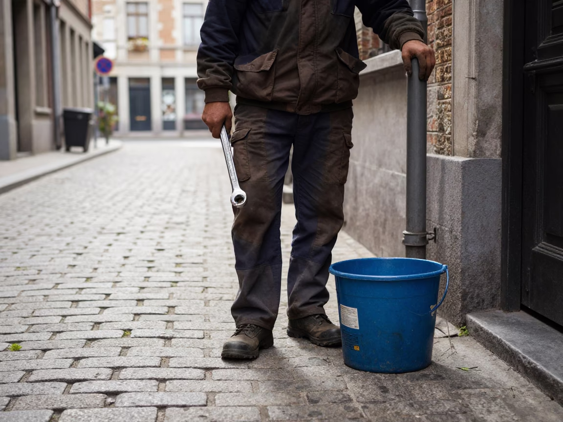 Brussels street scene with socket wrench and bucket near historic architecture in in Brussels, Belgium