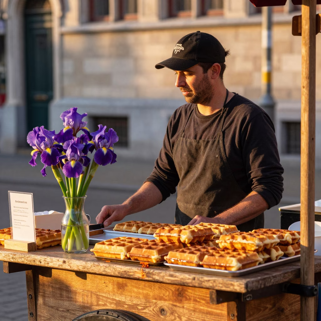 Brussels street vendor with colorful waffles and flowers at golden hour in in Brussels, Belgium