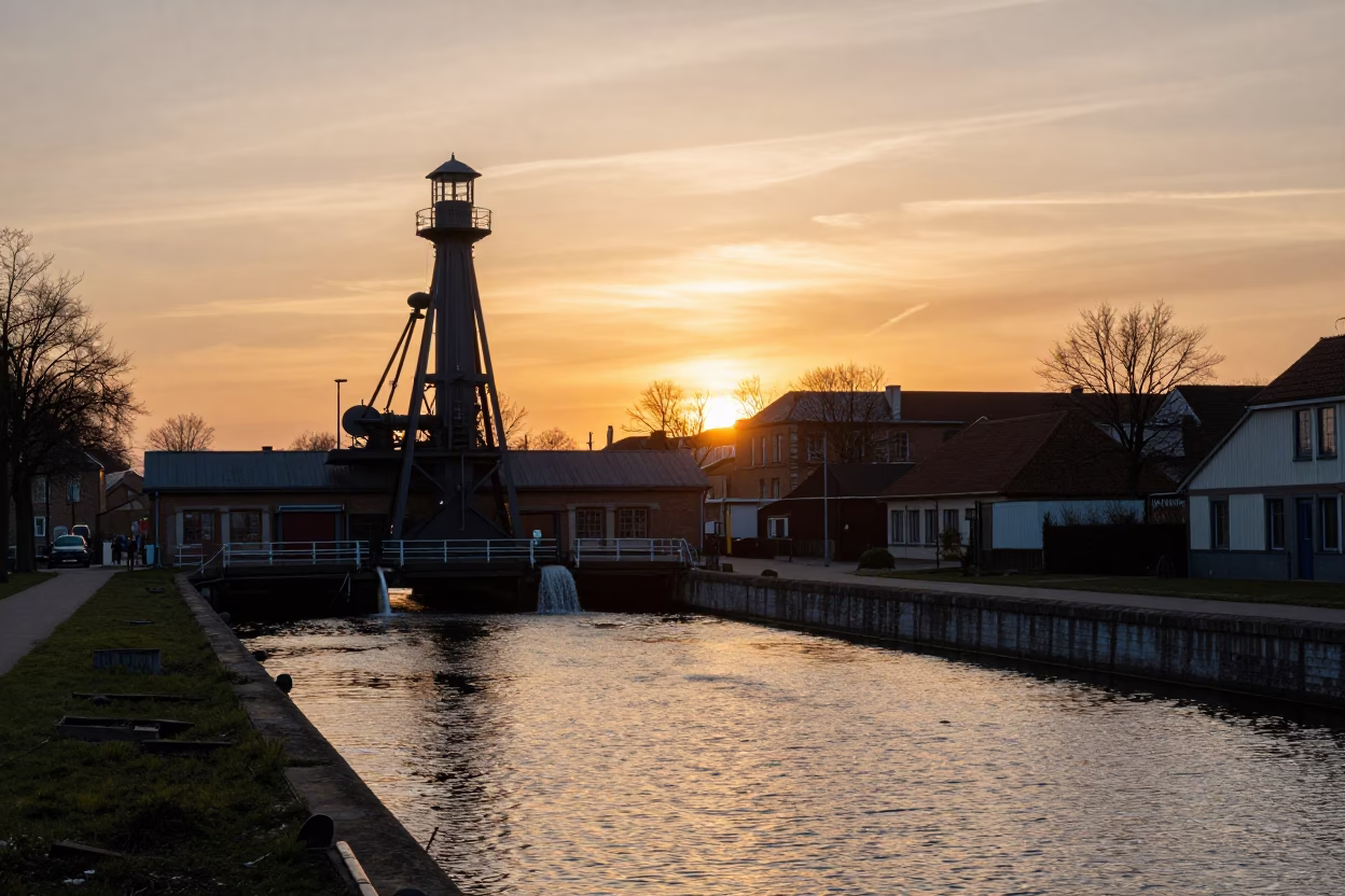 Brussels Sunset Canal Scene with Pumping Station and Vintage Majolica Plate Reflections in in Brussels, Belgium
