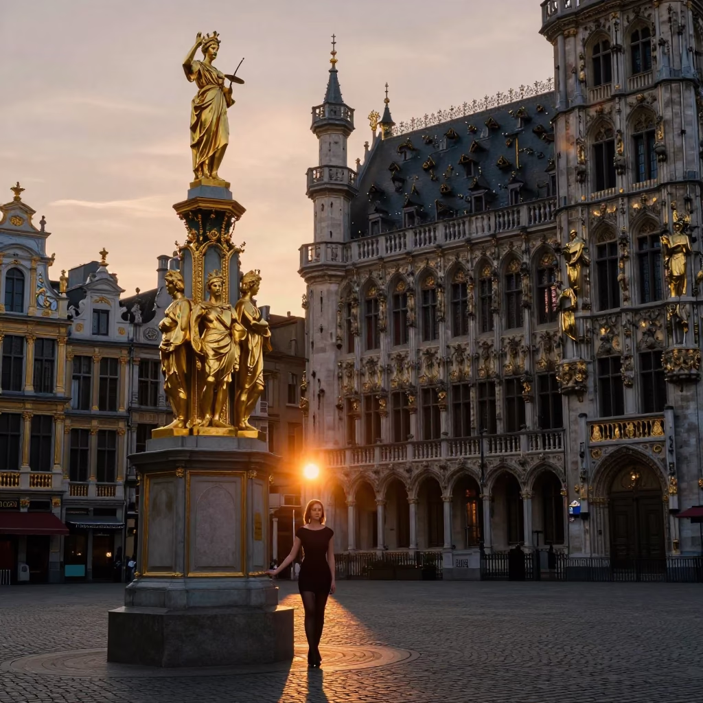Brussels Sunset Light at As The Sun Drops Toward The Horizon in in Brussels, Belgium