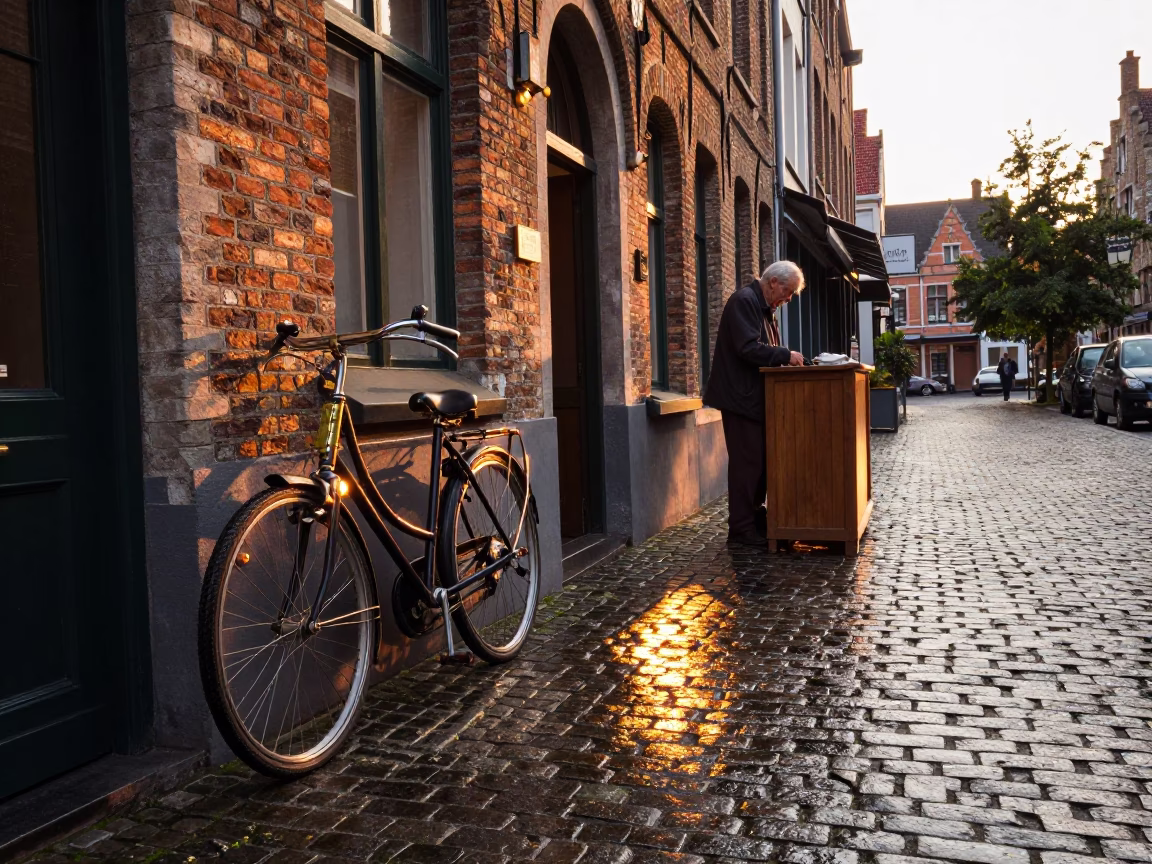 Brussels Sunset Scene with Vintage Storage Tins and Cobblestone Street Life in in Brussels, Belgium