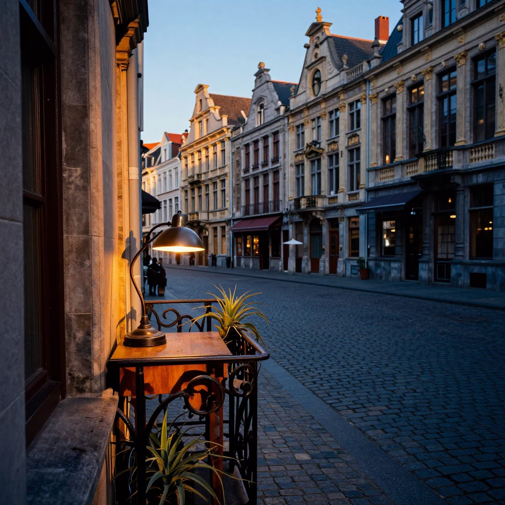 Brussels Sunset Street Scene with Air Plant and Desk Lamp in 1960s Belgium in in Brussels, Belgium