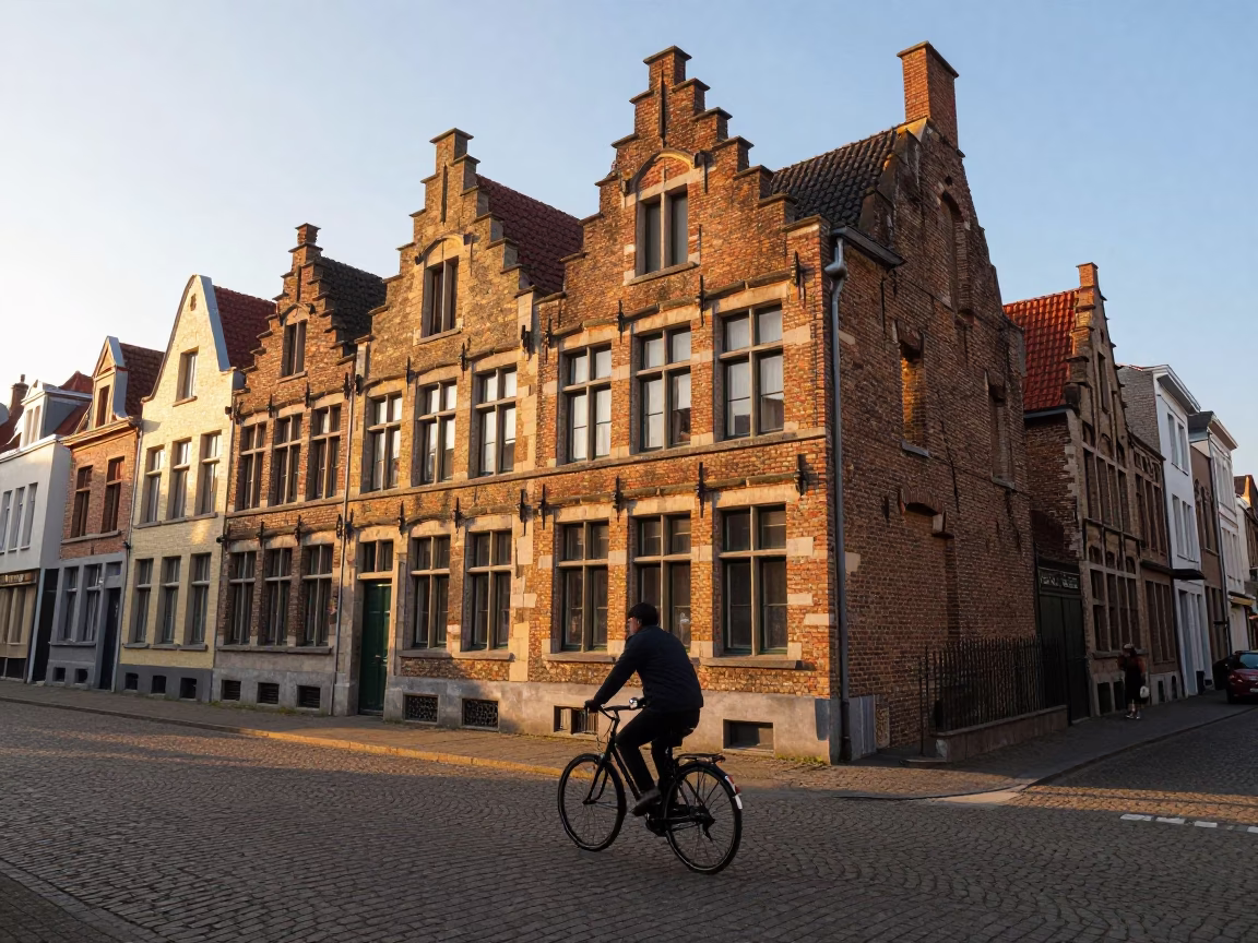 Brussels Sunset Street Scene with Bicycle and Architectural Details in in Brussels, Belgium
