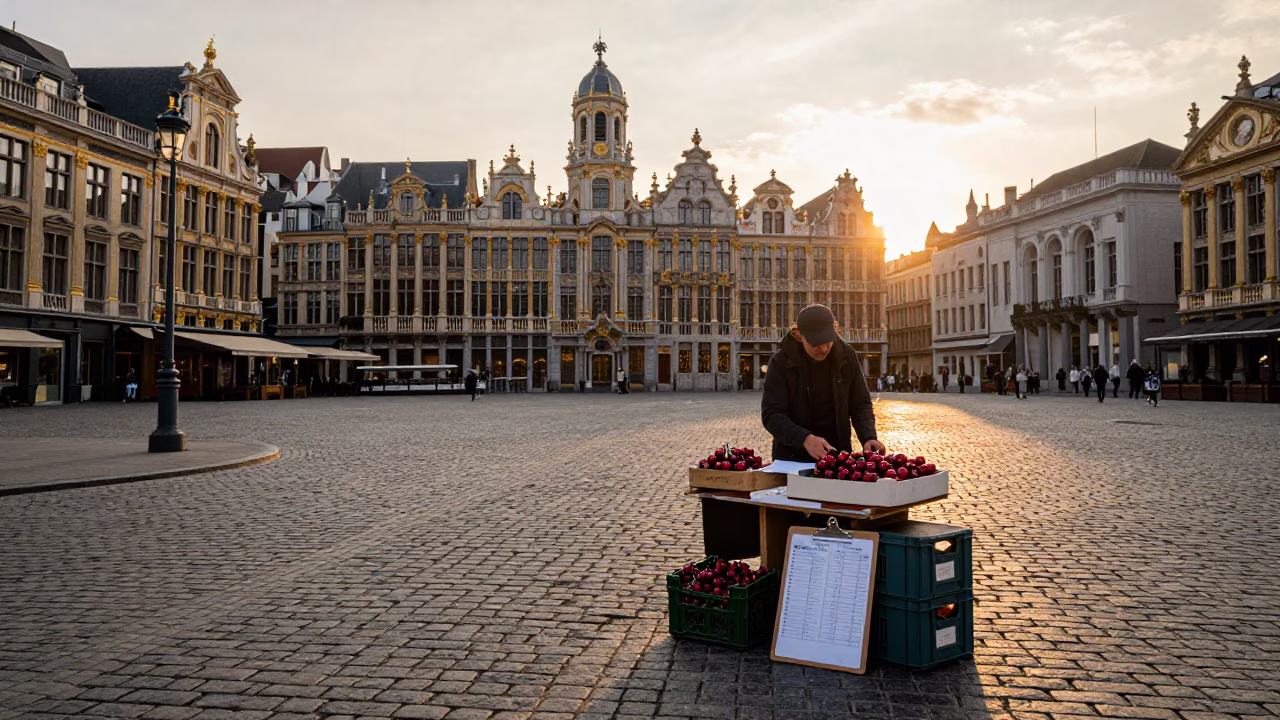 Brussels Sunset Street Scene with Cherry Vendor and Clipboard near Historic Architecture in in Brussels, Belgium