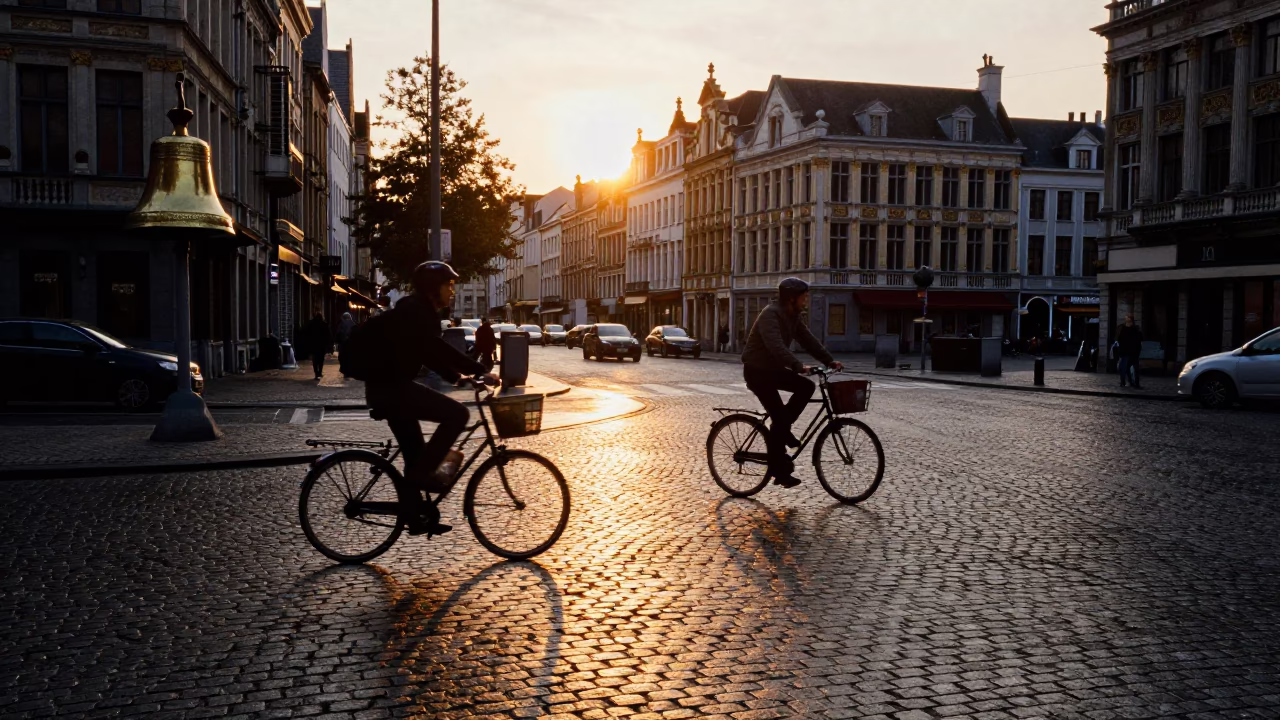 Brussels Sunset Street Scene with Cyclist and Brass Bell on Cobblestone in in Brussels, Belgium