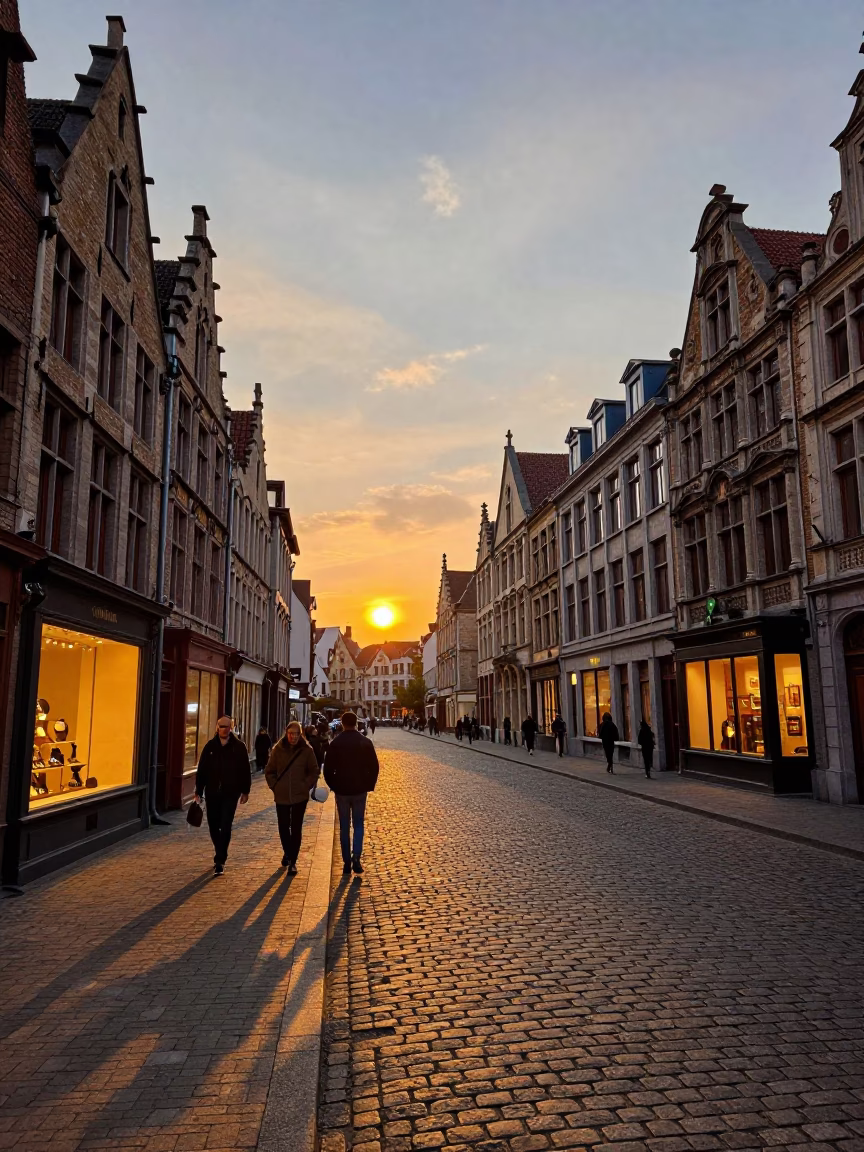Brussels Sunset Street Scene with Traditional Architecture and Evening Pedestrians in in Brussels, Belgium
