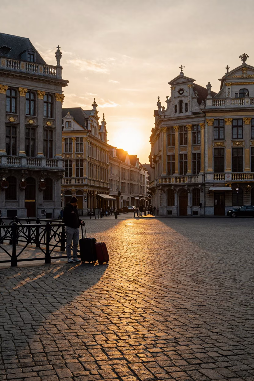 Brussels Sunset Street Scene with Travelers and Suitcases Near Historic Architecture in in Brussels, Belgium