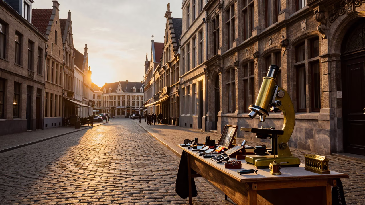 Brussels Sunset Street Scene with Vintage Brass Microscope and Umbrella Stand in in Brussels, Belgium