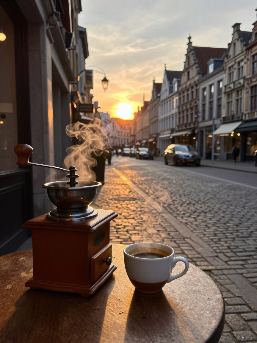 Brussels Sunset Street Scene with Vintage Coffee Grinder and Steam in in Brussels, Belgium