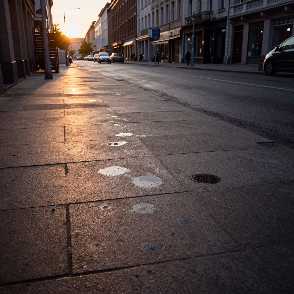 Brussels Sunset Street Scene with Water Stains on Concrete and Urban Details in in Brussels, Belgium