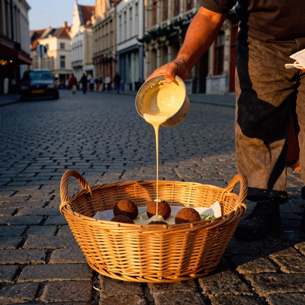 Brussels Sunset Street Scene with Wicker Basket and Falafel Pita in in Brussels, Belgium