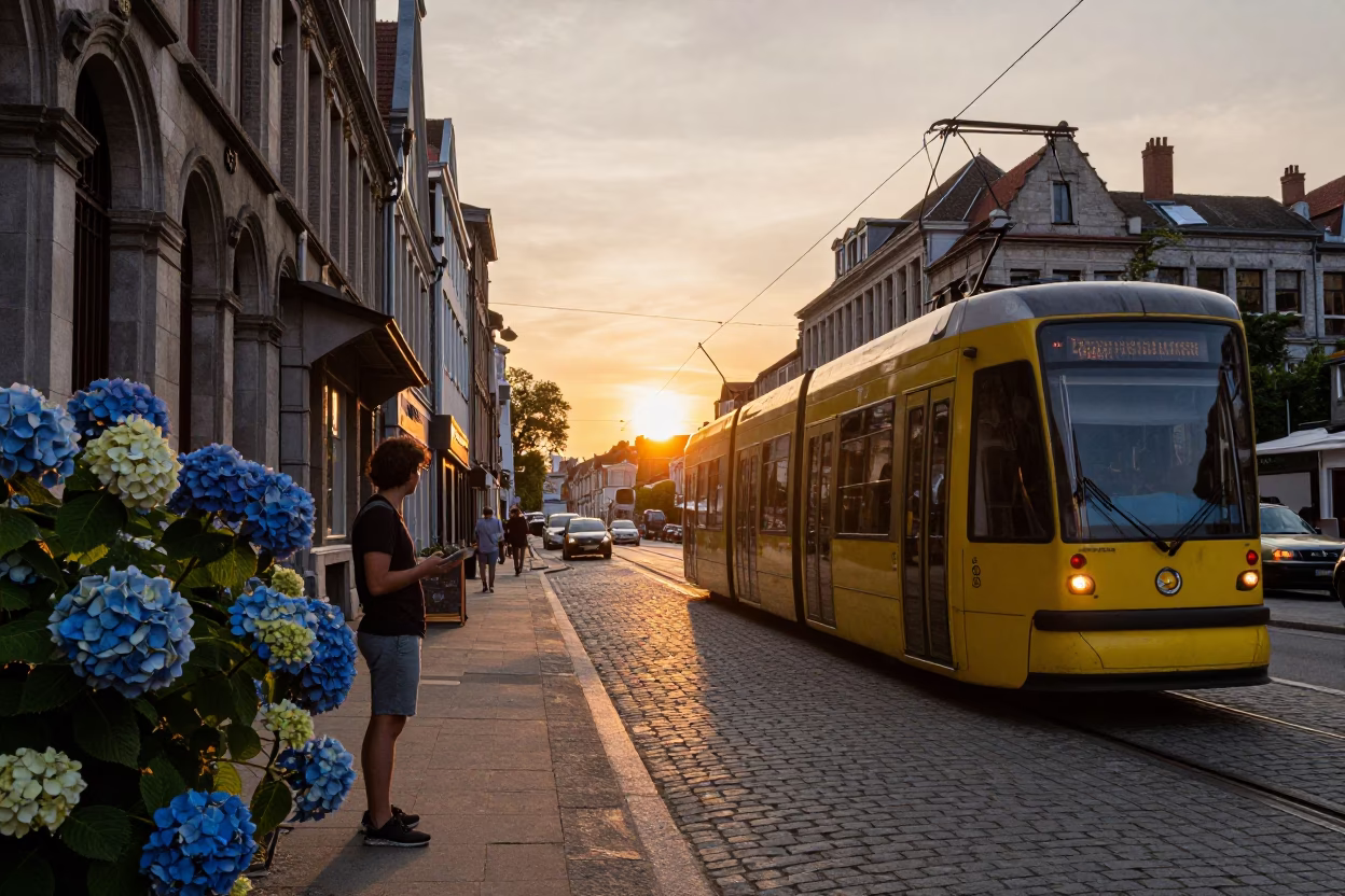 Brussels Tram on Steep Hill at Sunset with Hydrangeas and Sketchbook in in Brussels, Belgium